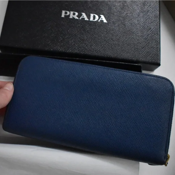 Prada Blue Wallet with Gold Accents